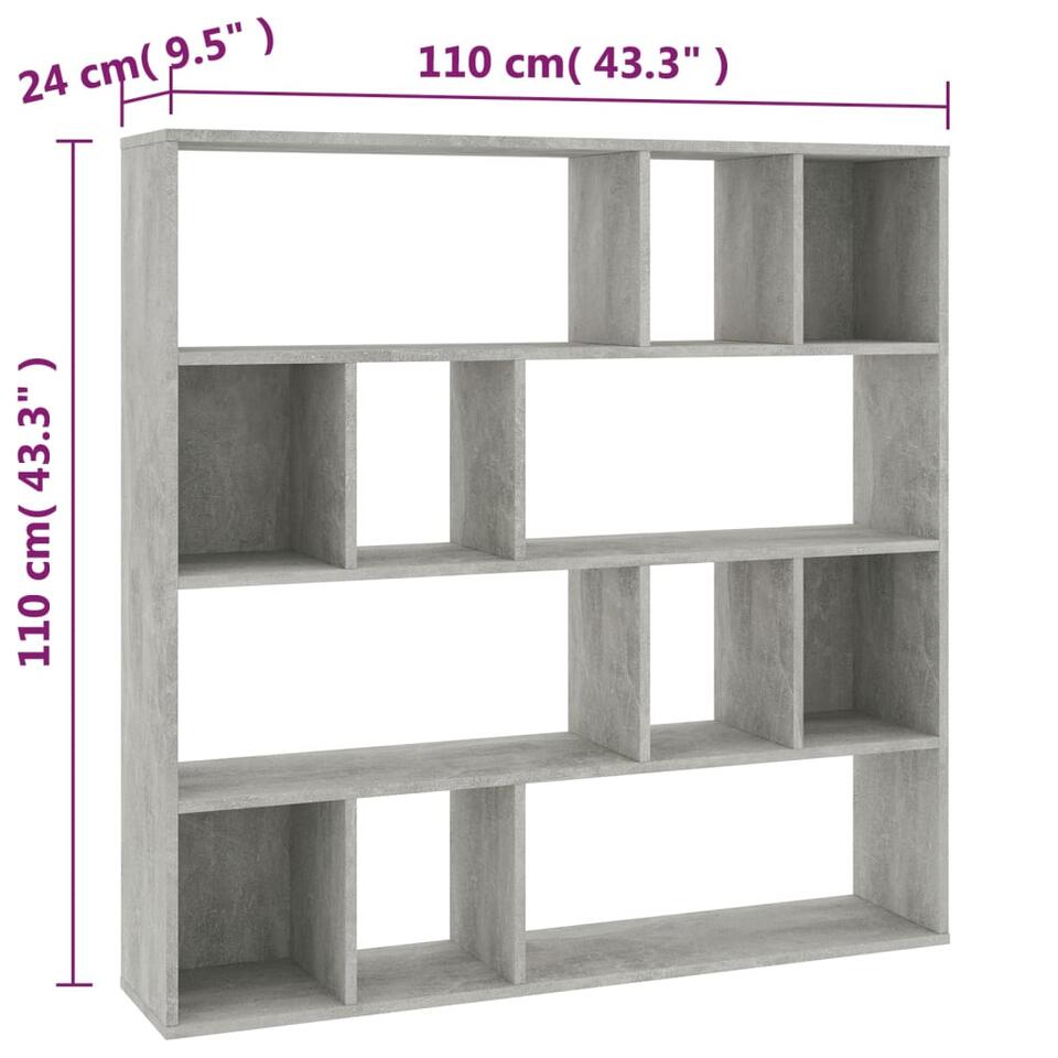 VIDAXL Kamerscherm/boekenkast 110x24x110 cm spaanplaat betongrijs