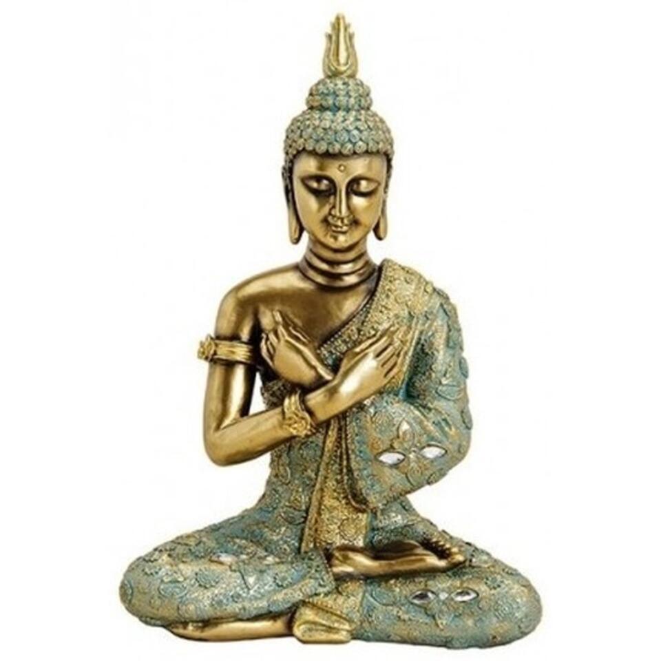 Boeddha beeld - binnen en buiten - polystone - groen en zilver - 33 cm
