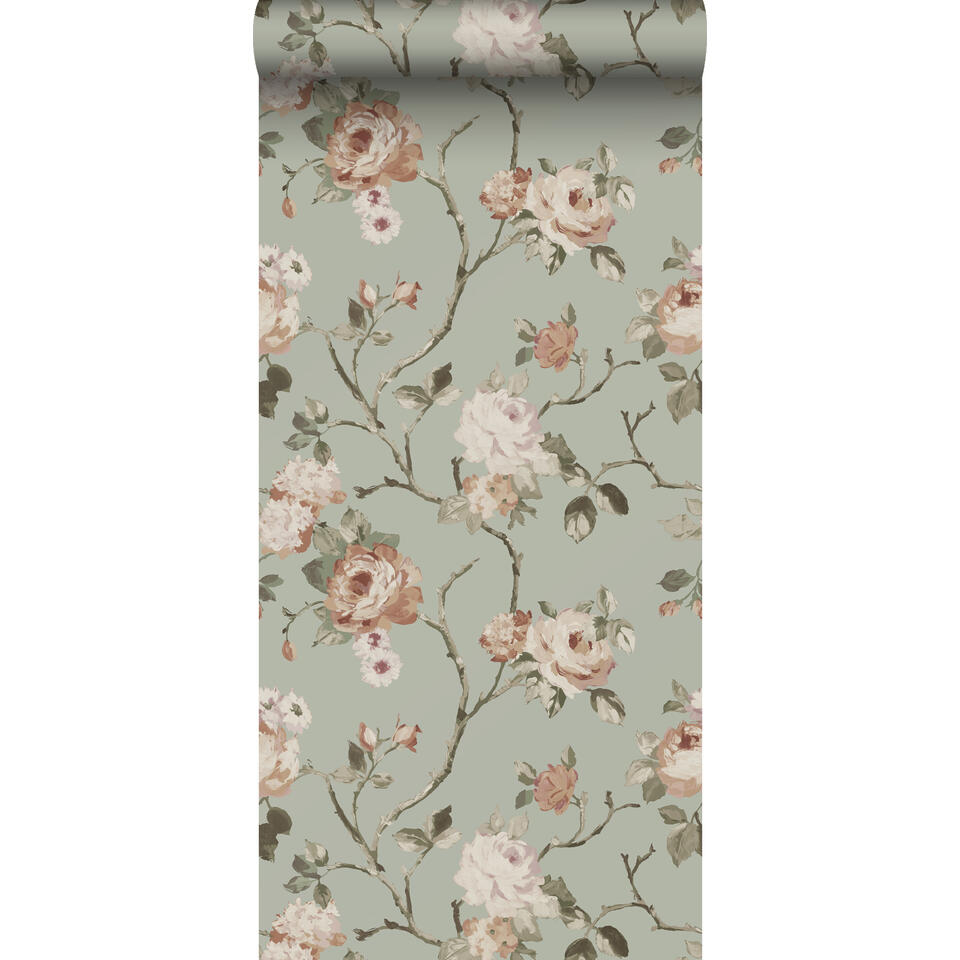 ESTAhome behang - vintage bloemen - vergrijsd mintgroen en roze Leen Bakker