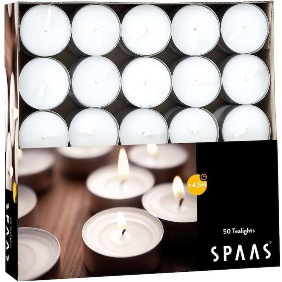 vreugde toon jaloezie Candles by Spaas Waxinelichtjes - 50 stuks - wit - 4 branduren | Leen Bakker