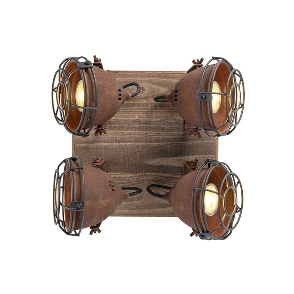 QAZQA Industriële spot roestbruin met hout kantelbaar 4-lichts - Gina