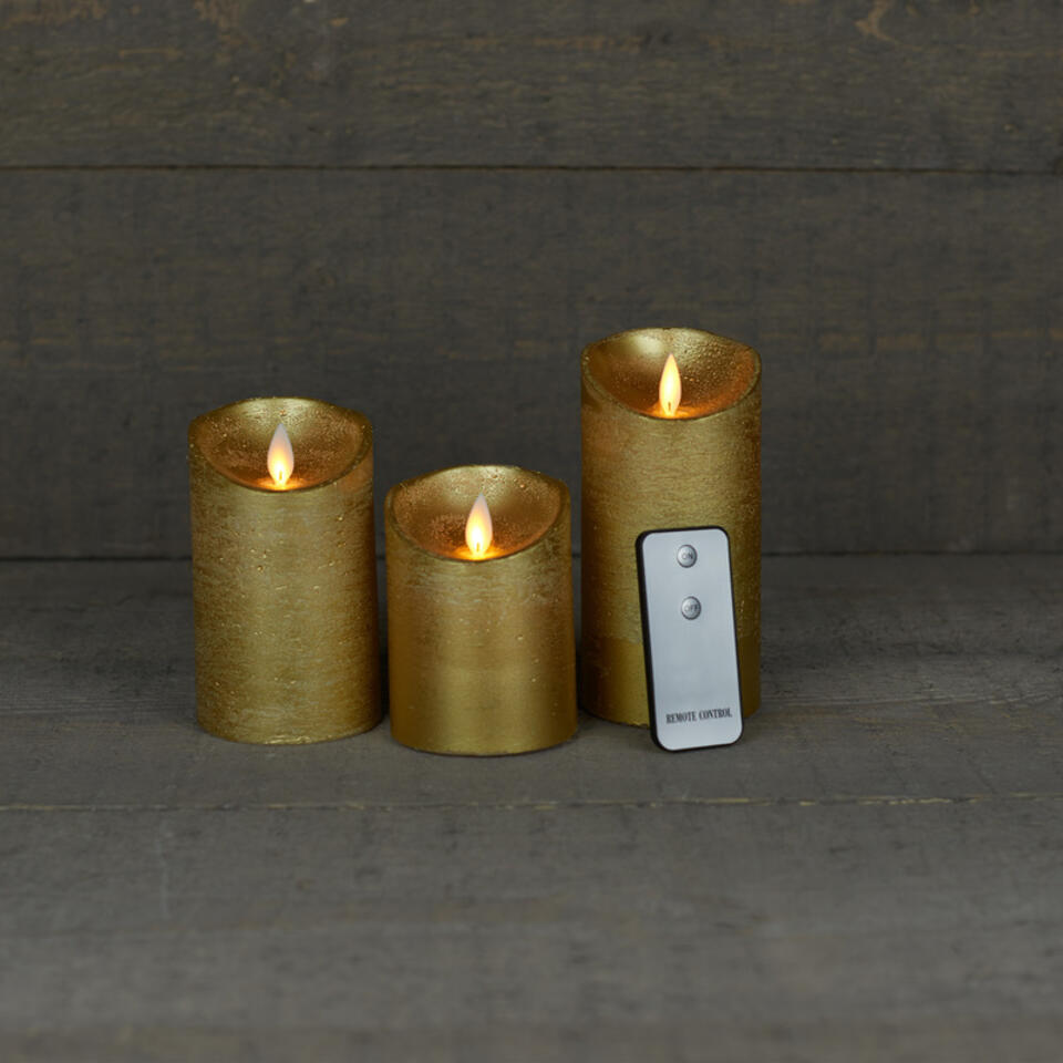 Anna's Collection Stompkaars - 3 stuks - goudkleurig - LED kaarsen