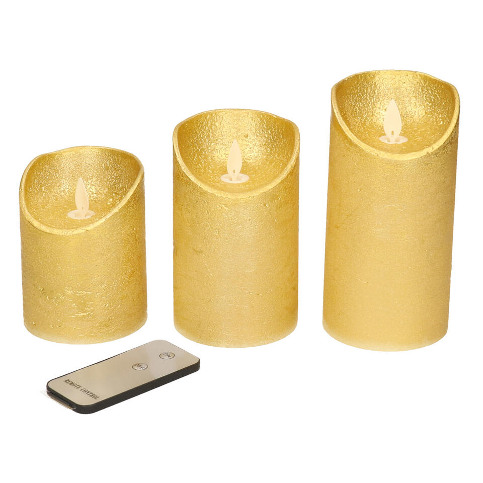 Anna's Collection Stompkaars - 3 stuks - goudkleurig - LED kaarsen