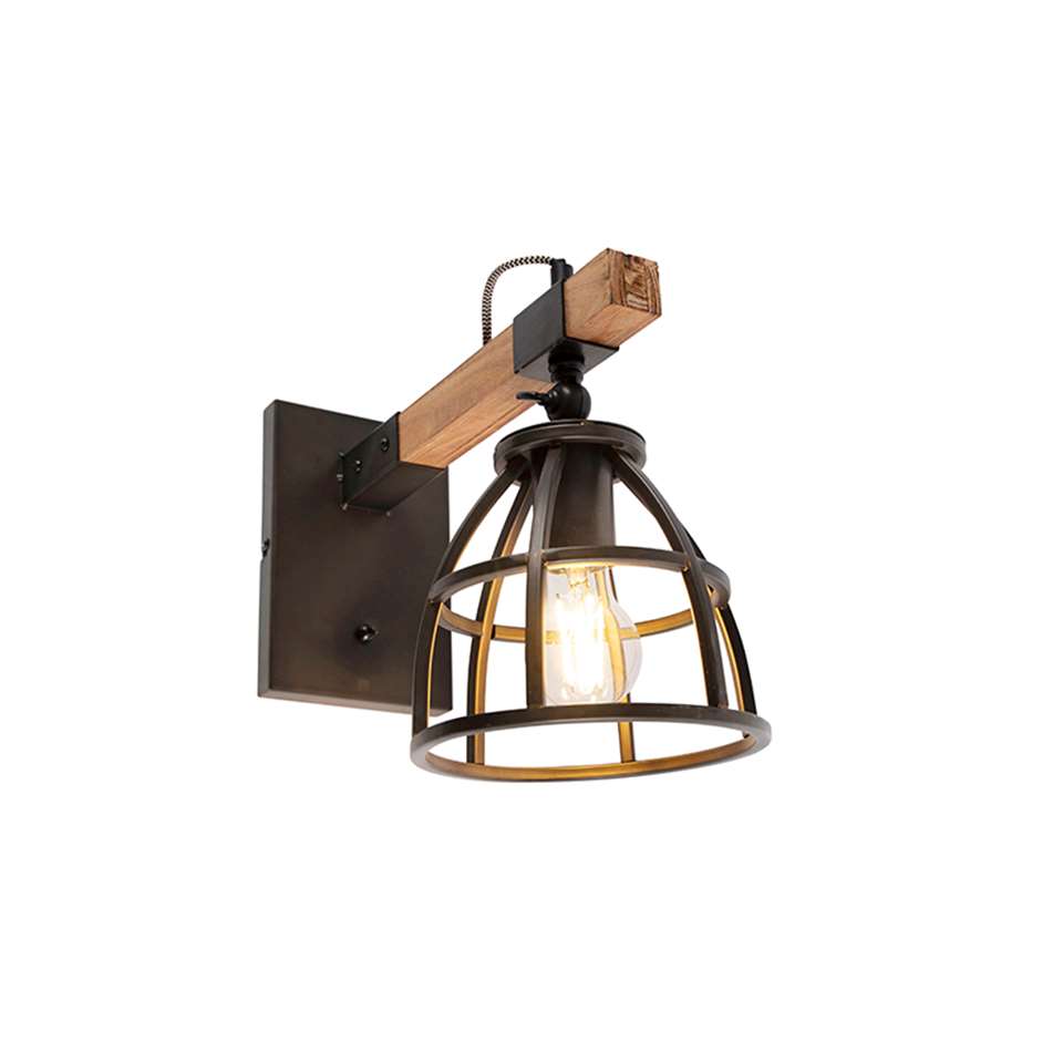 QAZQA Industriële wandlamp zwart met hout - Arthur | Leen Bakker