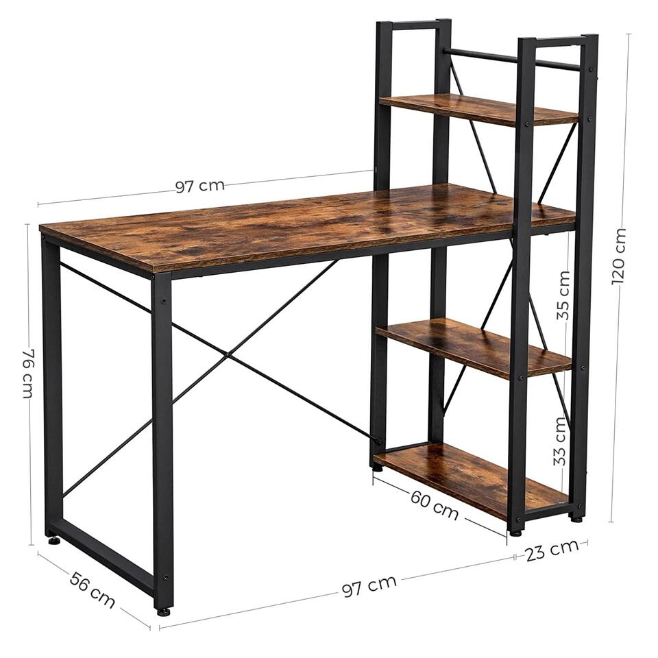 tussen drie Klap Parya Home - Computertafel met planken - Bureau - Industrieel - Bruin | Leen  Bakker