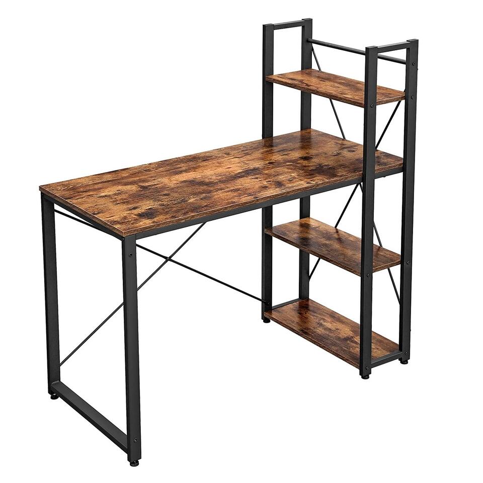 Parya Home - Computertafel met planken - Bureau - - Bruin Leen Bakker