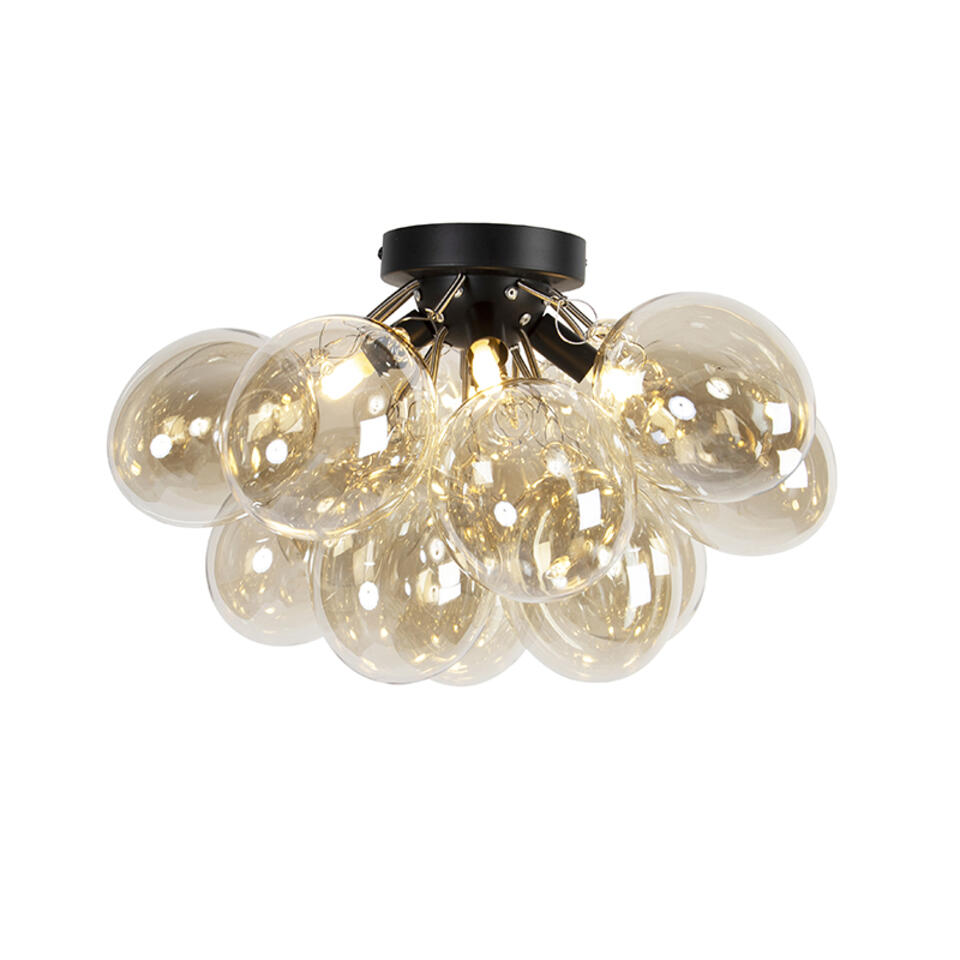 QAZQA Design plafondlamp zwart met amber glas 4-lichts - Uvas