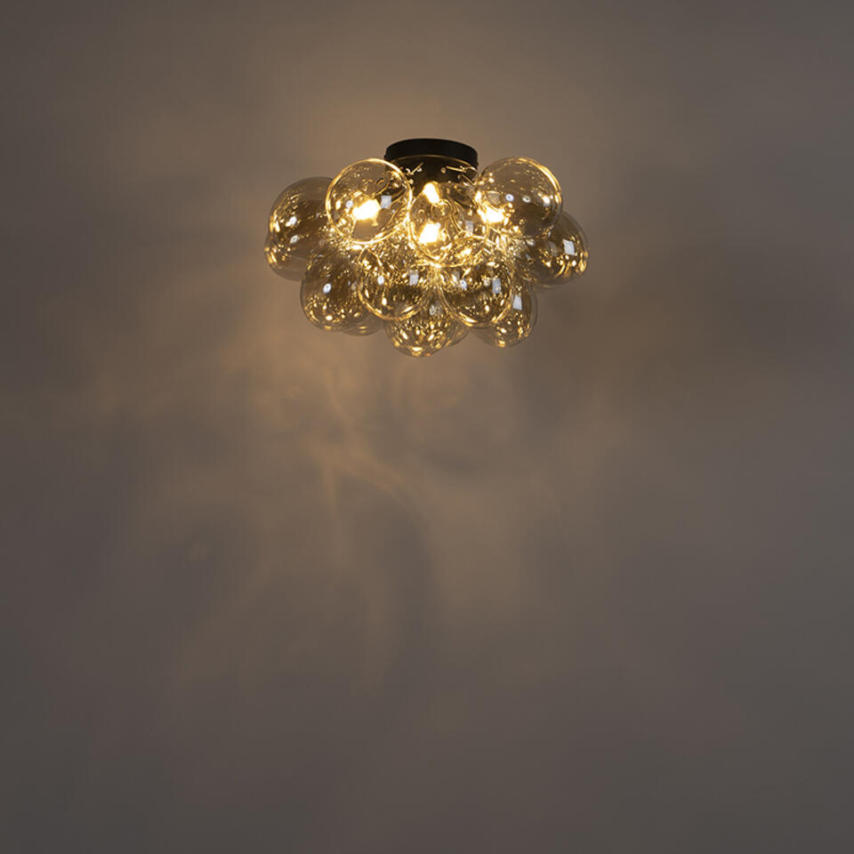 QAZQA Design plafondlamp zwart met amber glas 4-lichts - Uvas
