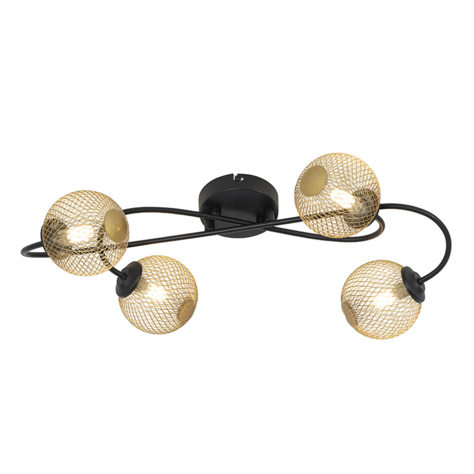 QAZQA Moderne plafondlamp zwart met goud 4-lichts - Athens Wire