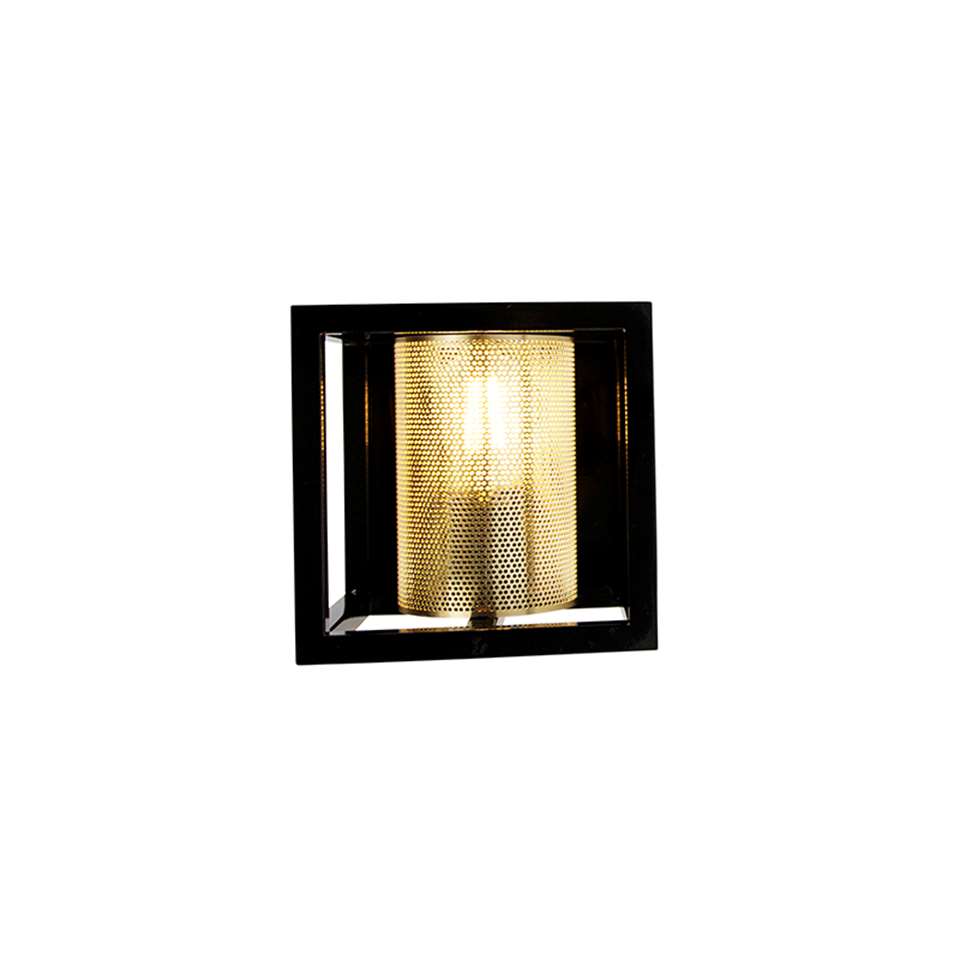 QAZQA Industriële wandlamp zwart met goud - Cage Tess