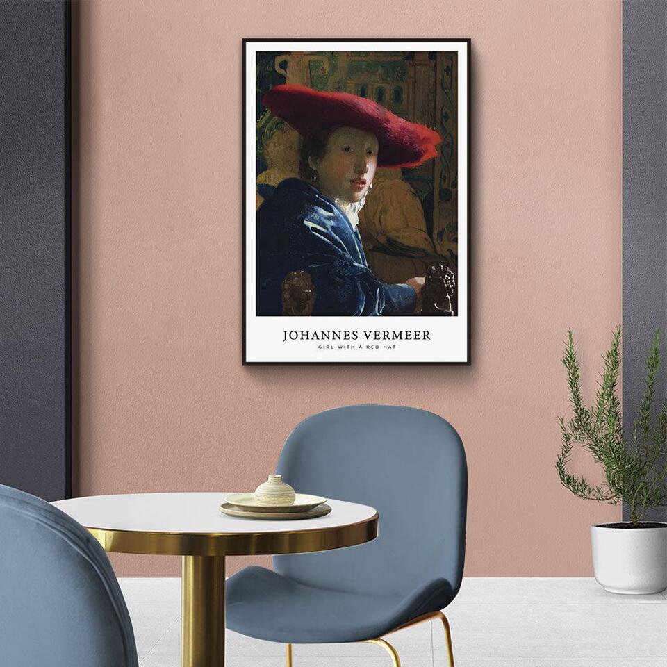 Walljar - Johannes Vermeer - Meisje Met De Rode Hoed - Poster met lijst / 20 x