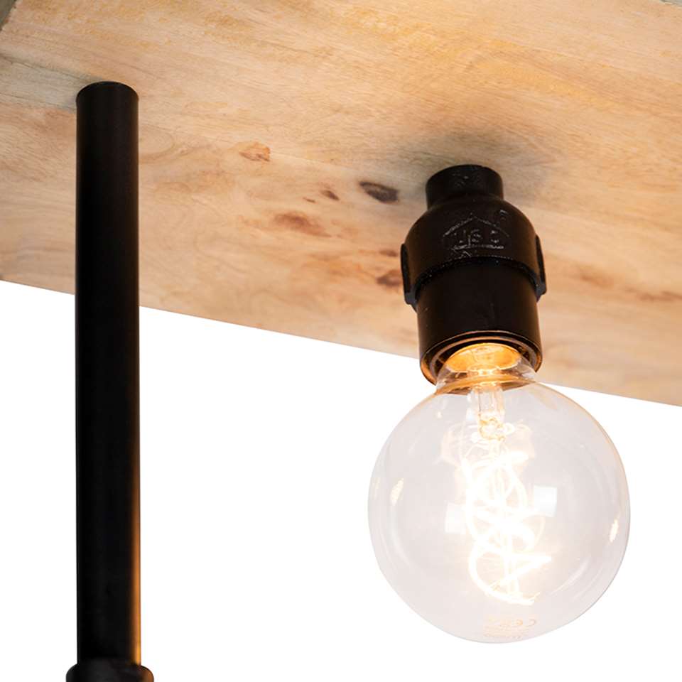 QAZQA Industriele plafondlamp zwart met houten plank 3-lichts - Shelf