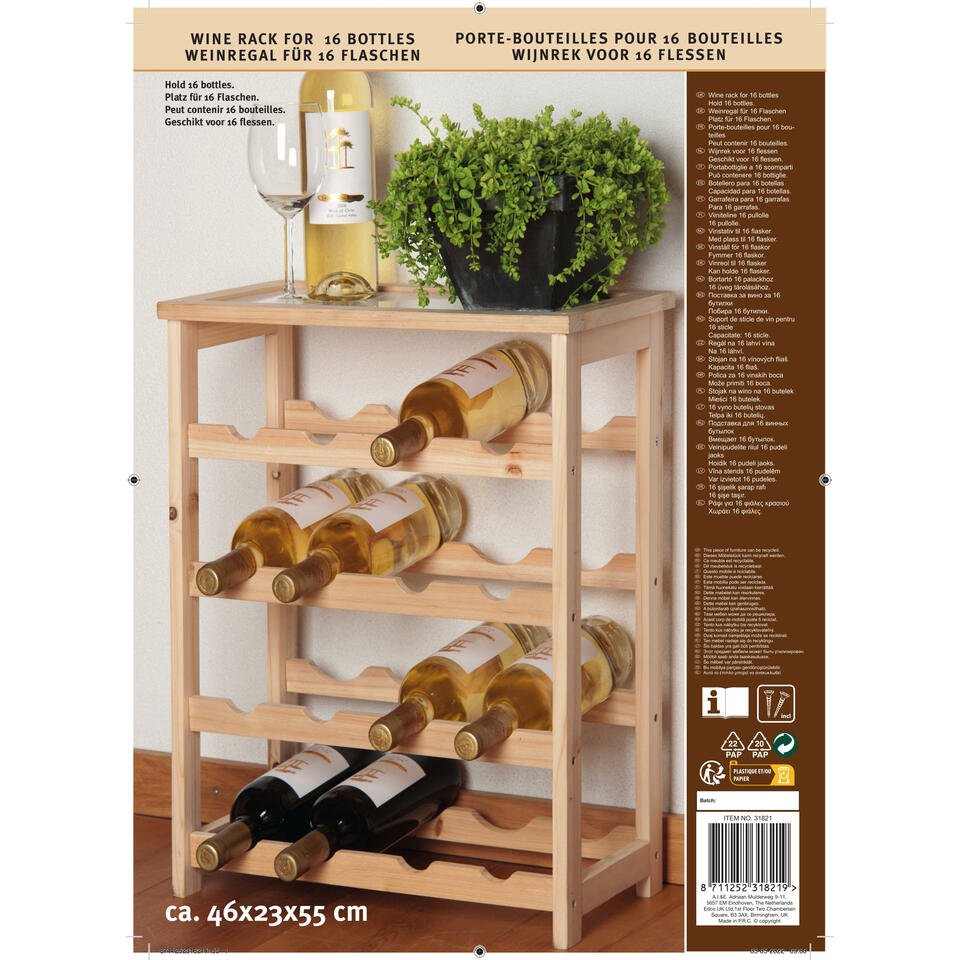 Wijnrek - hout - voor 16 flessen - x 23 x 55 cm | Leen Bakker