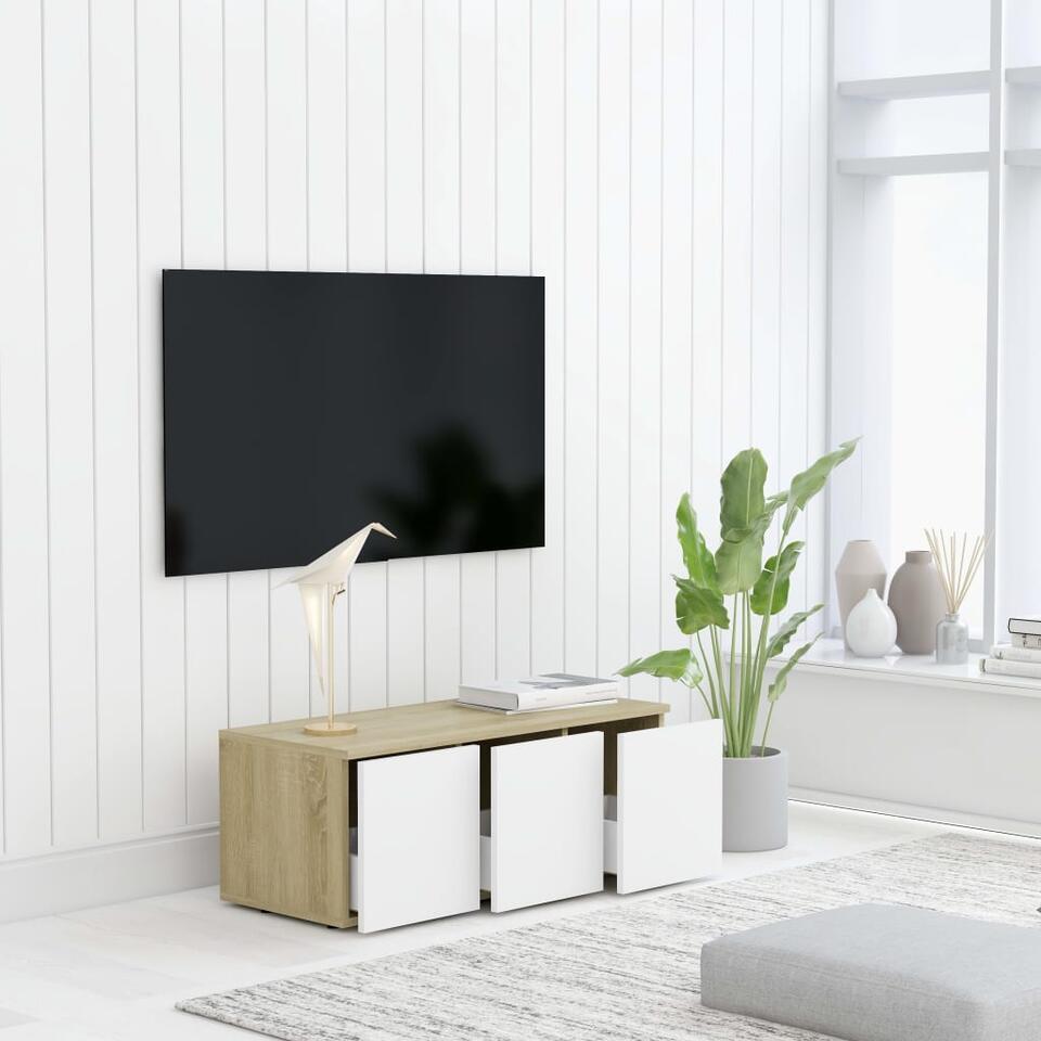 vidaXL Tv-meubel 80x34x30 cm spaanplaat wit en sonoma eikenkleurig
