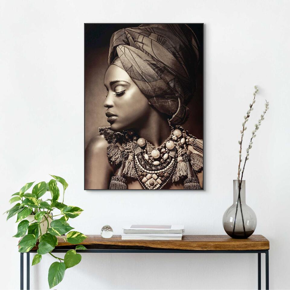 Schilderij Afrikaanse Vrouw 70x50 cm Bruin Hout