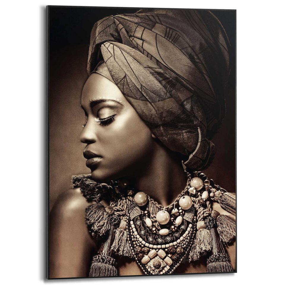 Schilderij Afrikaanse Vrouw 70x50 cm Bruin Hout