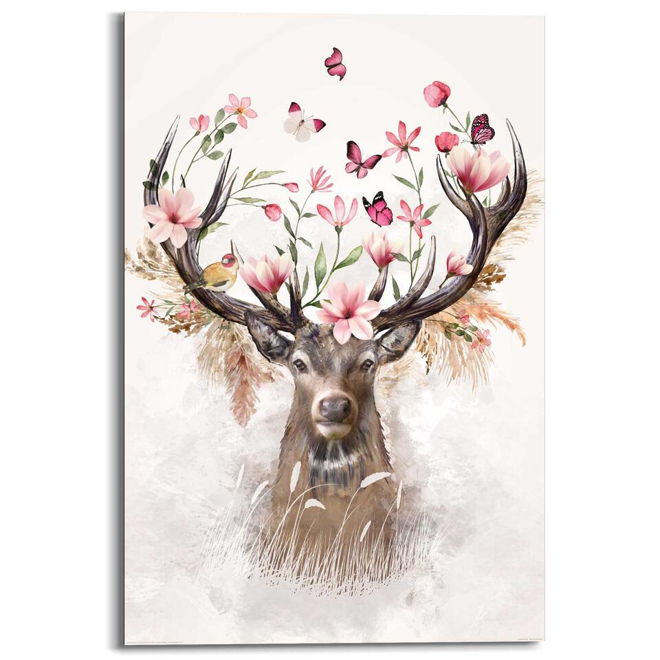 Hijsen Feest Integraal Schilderij Hert in Bloemen 90x60 cm Roze Hout | Leen Bakker