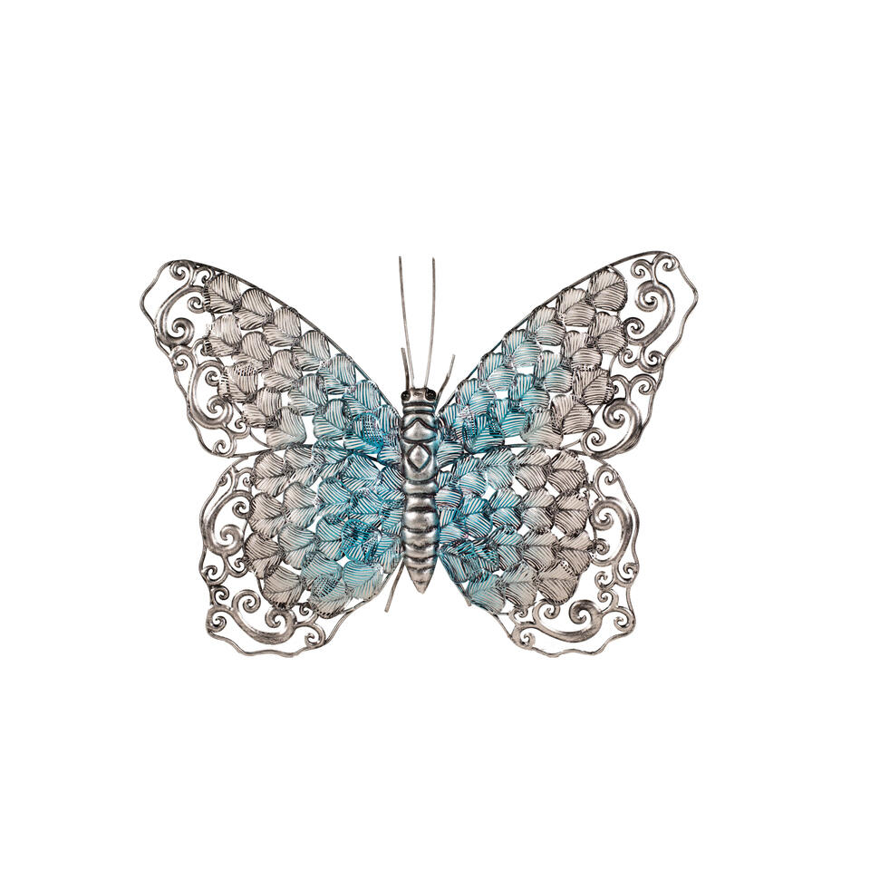 Anna's Collection Muurdecoratie - vlinder - zilver met blauw - 50 cm