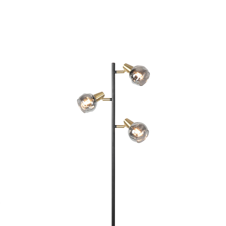 QAZQA Art deco vloerlamp zwart en goud met smoke glas 3-lichts - Vidro
