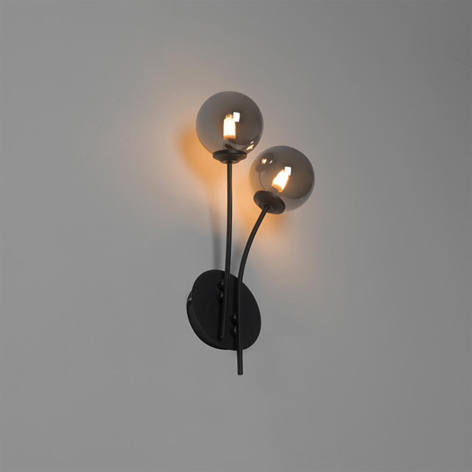 QAZQA Moderne wandlamp zwart 2-lichts met smoke glas - Athens