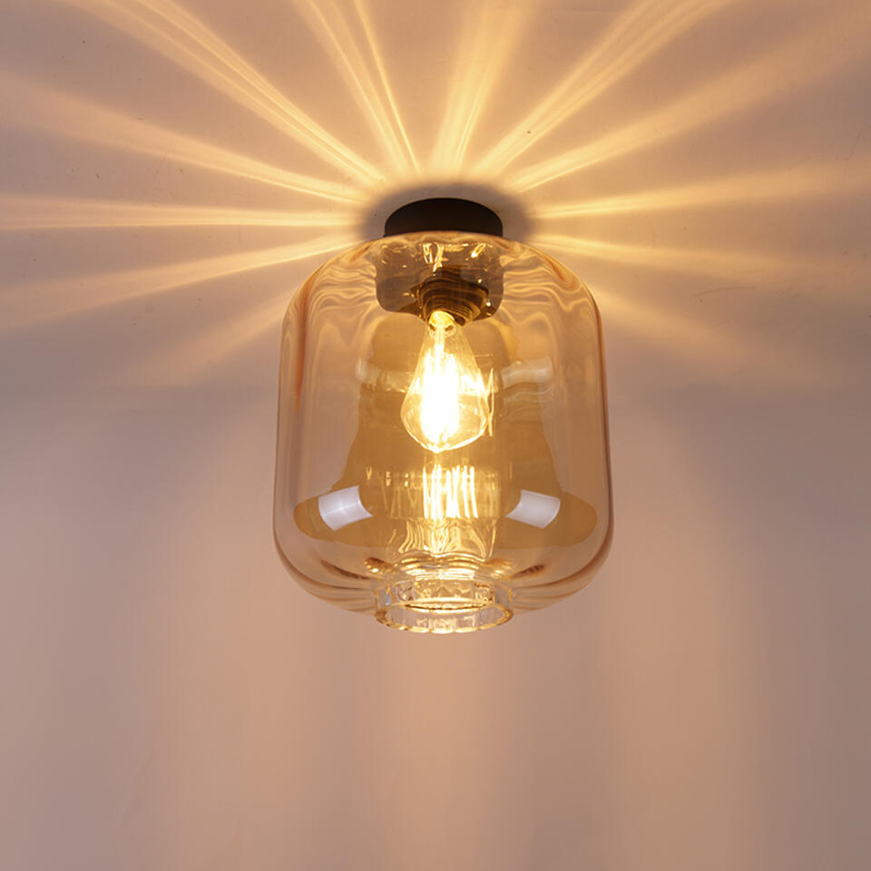 QAZQA Design plafondlamp zwart met amber glas - Qara