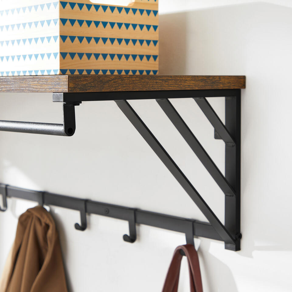 ACAZA Hangende Kapstok met Plank, 7 Haken en Bar voor Hangers, Industrieel
