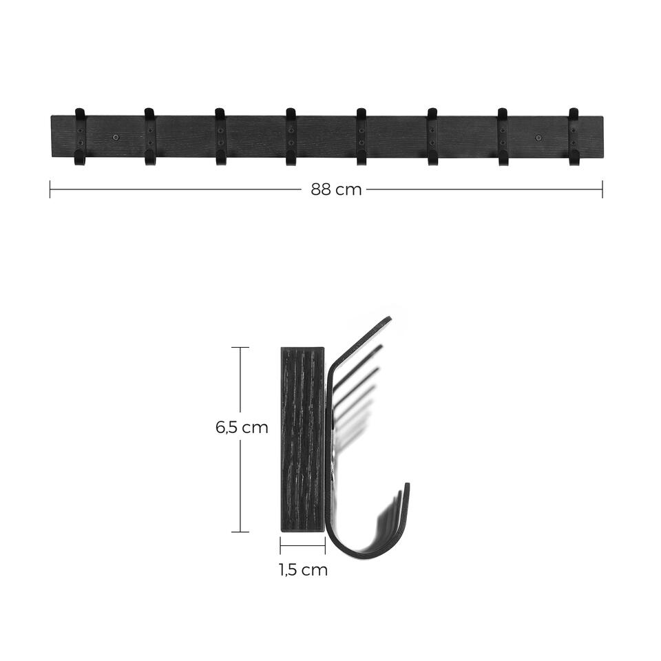 ACAZA Lange Muur Kapstok, met 8 Zwarte Haken, 88 cm Lang, Zwart
