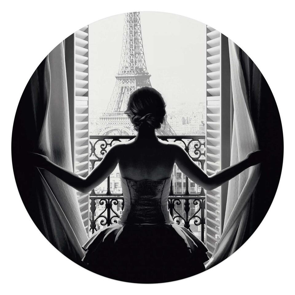 Glasschilderij Vrouw in Parijs Ø 70 cm Zwart-Wit Acryl
