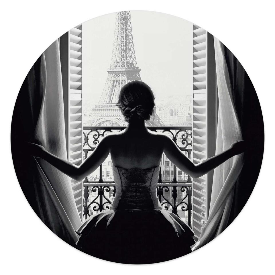 Glasschilderij Vrouw in Parijs Ø 50 cm Zwart-Wit Acryl
