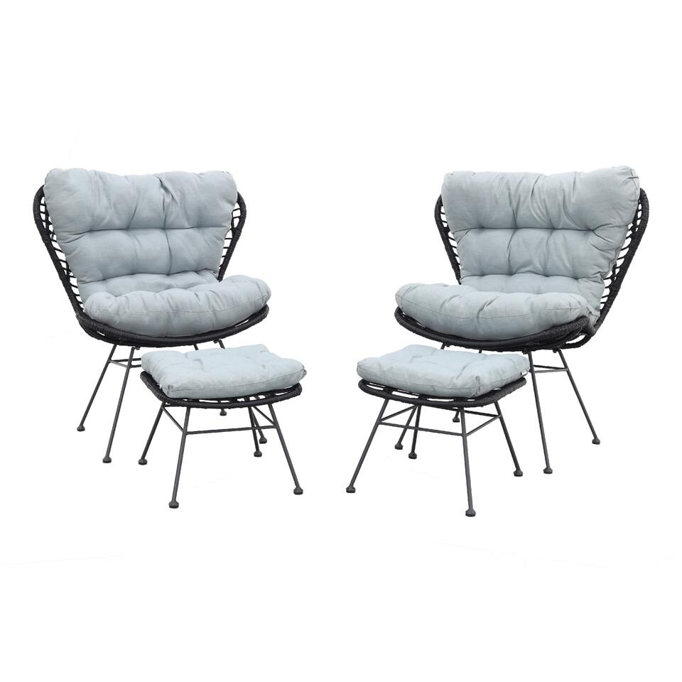 Libelle retro loungestoel met voetenbankje - set van 2 - zwart