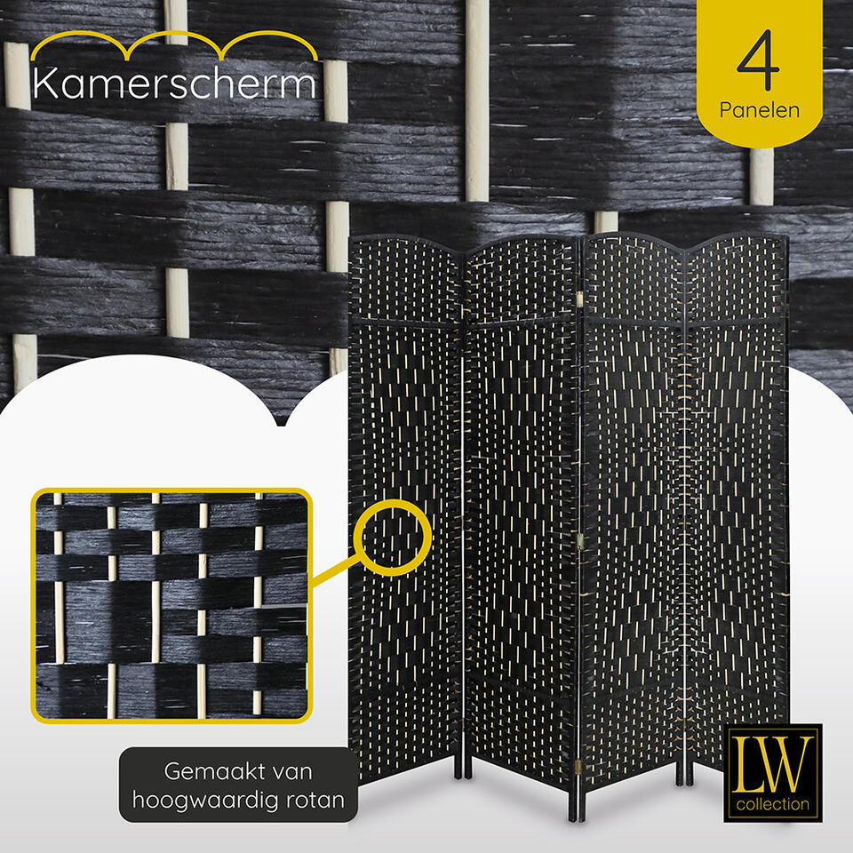 LW Collection Kamerscherm 4 panelen zwart 170x160cm - paravent - scheidingswand