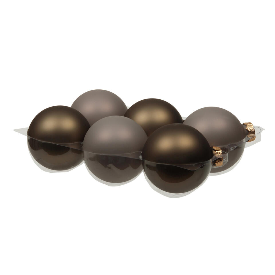 Othmara Kerstballen - 6 stuks - glas eucalyptus grijs/bruin - 8 cm | Leen