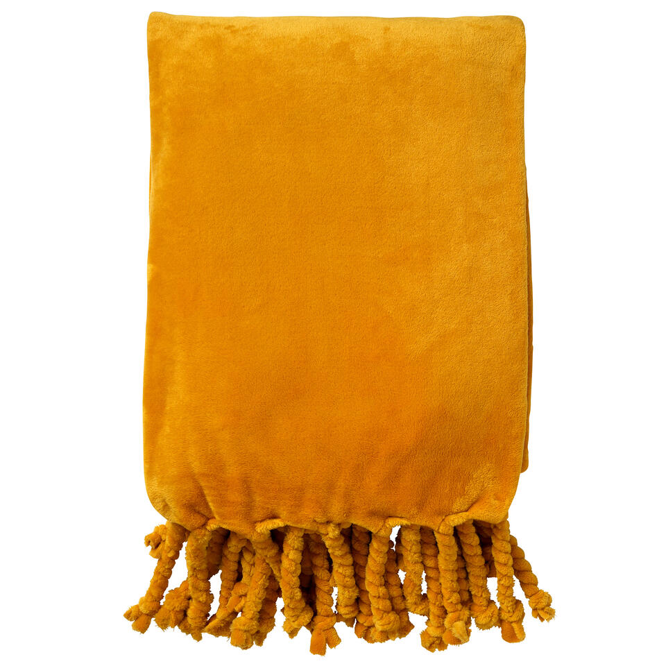 FLORIJN - Plaid fleece 150x200 cm - Golden glow - geel - superzacht - met franje