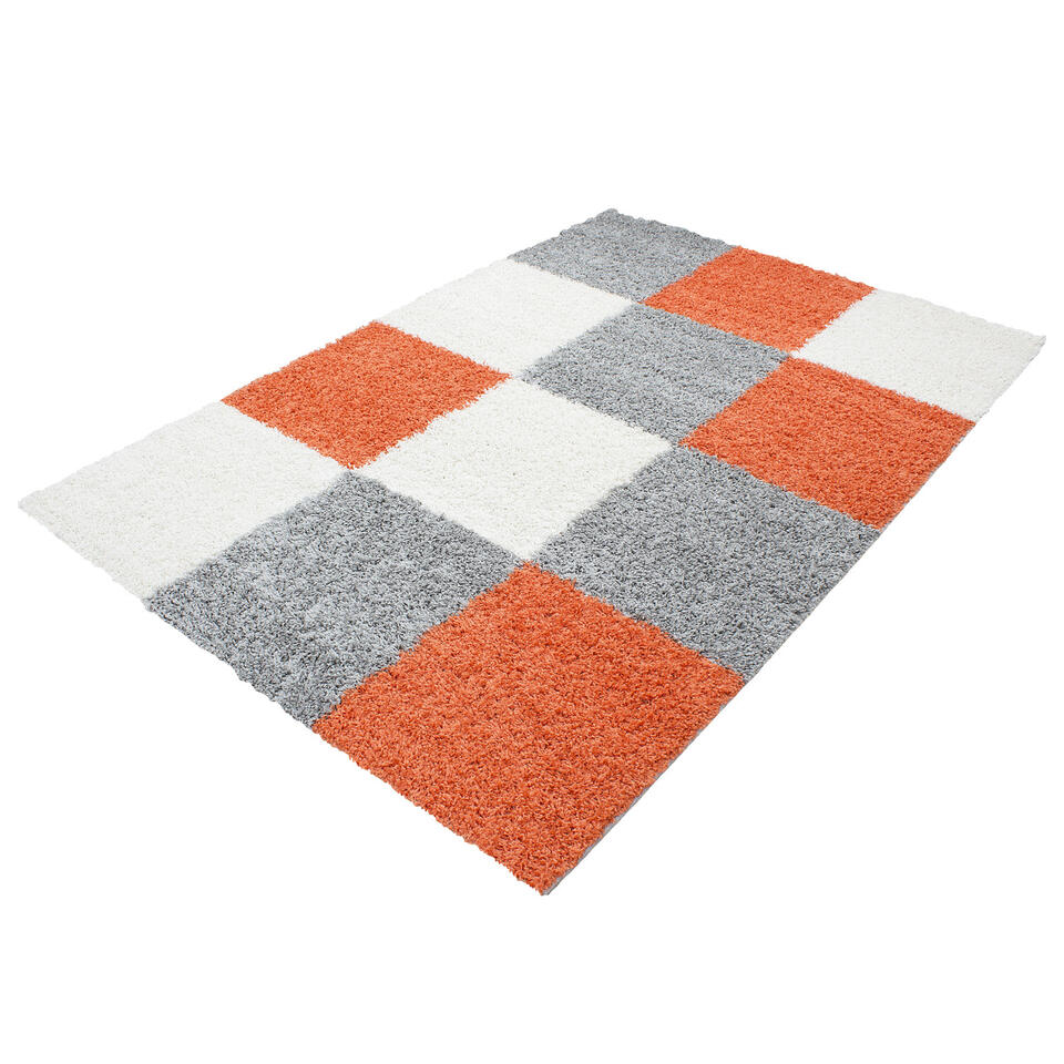 Basic Shaggy Geblokt vloerkleed Oranje / Grijs Hoogpolig - 120x170 CM