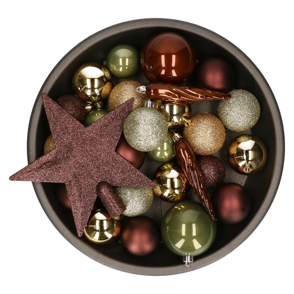 schetsen Horzel Panorama Decoris Kerstballen met piek - 33st - kunststof goud-bruin-groen 8 cm |  Leen Bakker