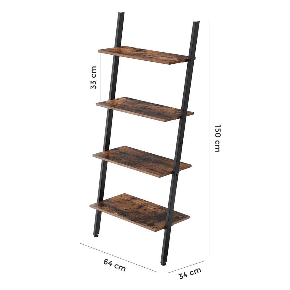 geld werkplaats koken Boekenkast - ladder vorm - 4 houten planken - 64x150x35 cm - vintage bruin  | Leen Bakker