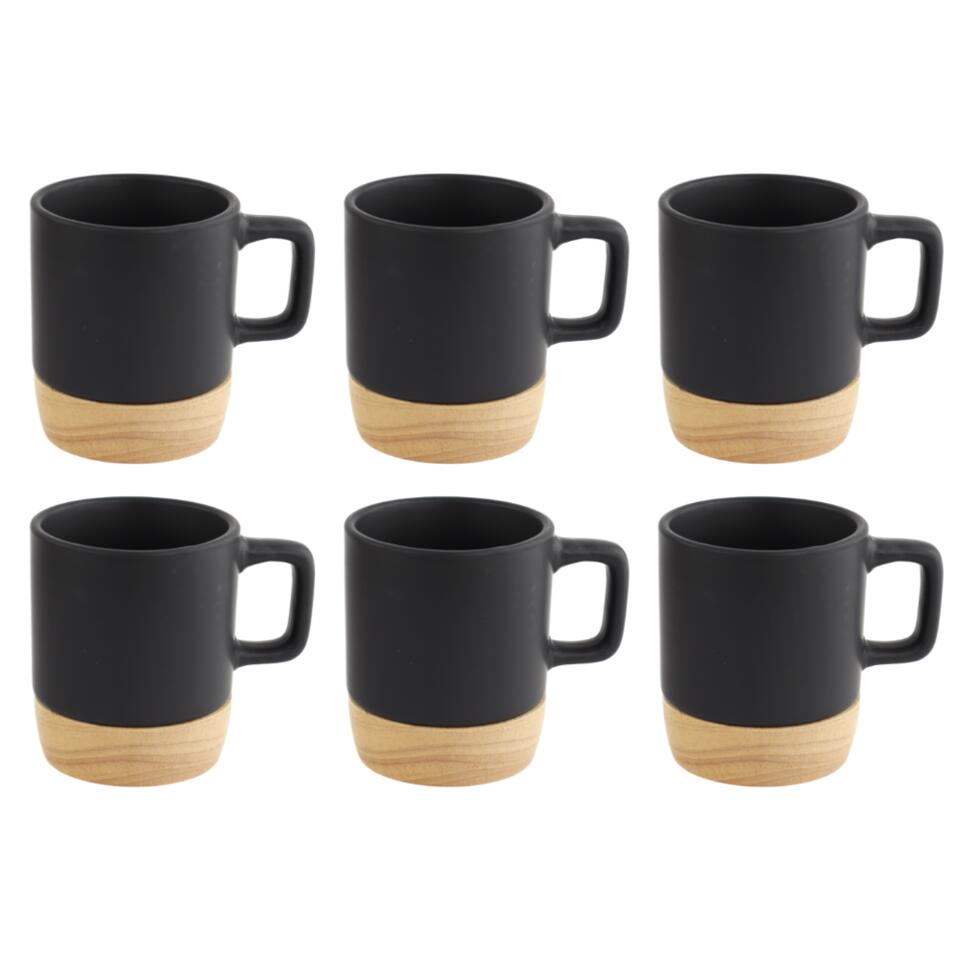 OTIX Espresso Kopjes Zwart Set van 6 met Bamboe | Leen Bakker