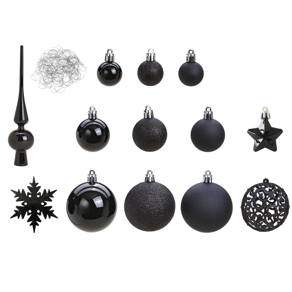 Kerstballen - 110x stuks - met piek - zwart - - 3-6 cm | Bakker