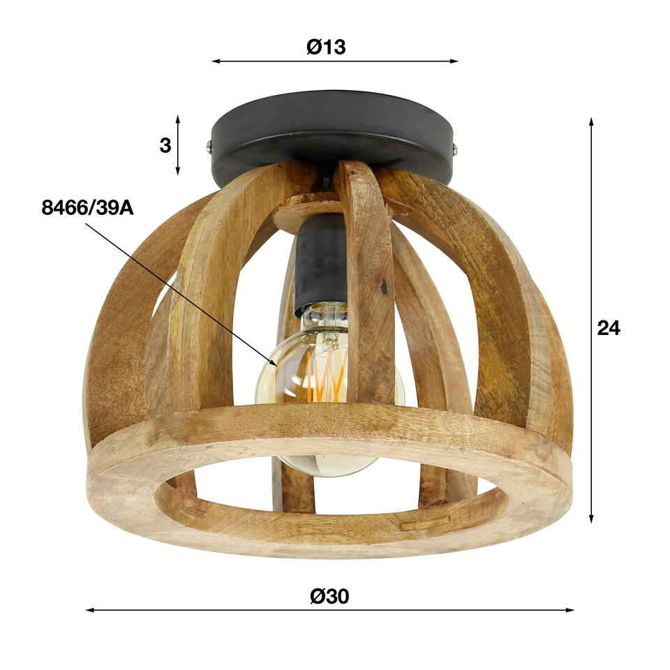 Giga Meubel Plafondlamp Mangohout - 30x24x30cm - Lamp Gebogen Houten Spijl