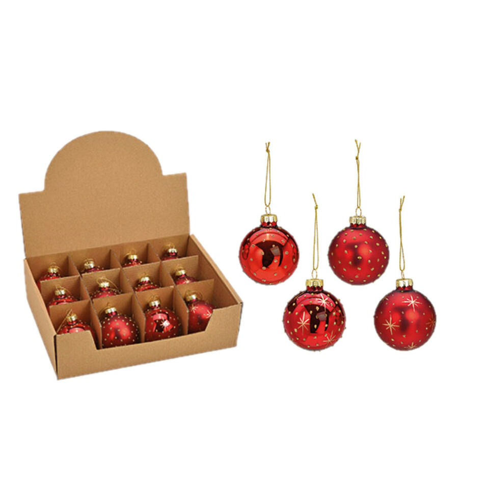 Hiel Clan Mier G. Wurm Kerstballen - 12 stuks - rood - luxe gedecoreerd - glas - 6 cm |  Leen Bakker