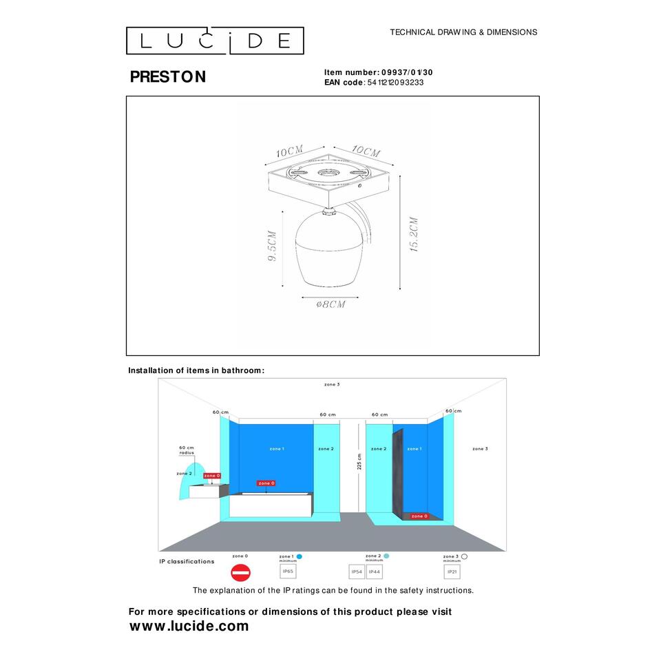 Lucide PRESTON - Plafondspot Badkamer - 1xGU10 - IP44 - Zwart