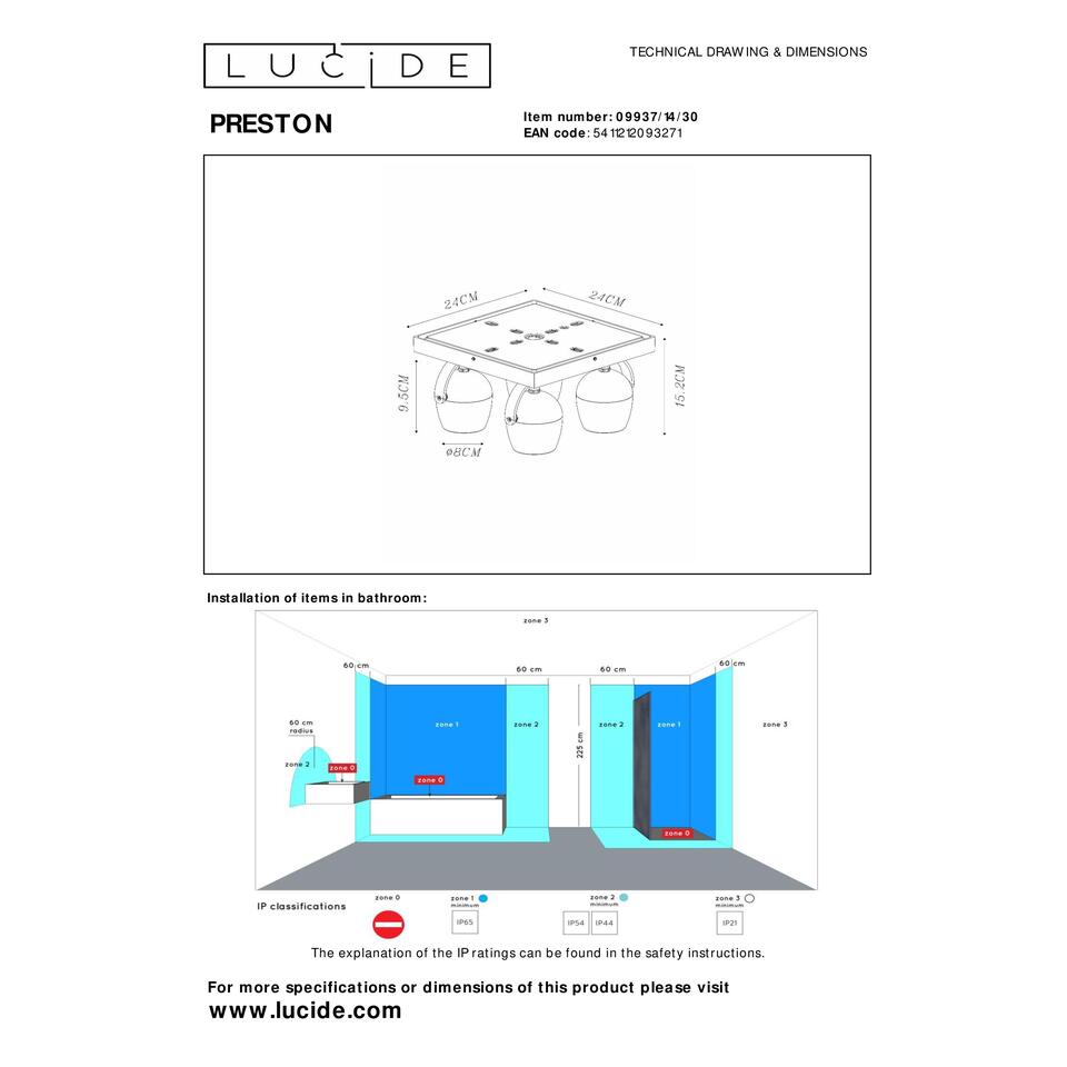 Lucide PRESTON - Plafondspot Badkamer - 4xGU10 - IP44 - Zwart