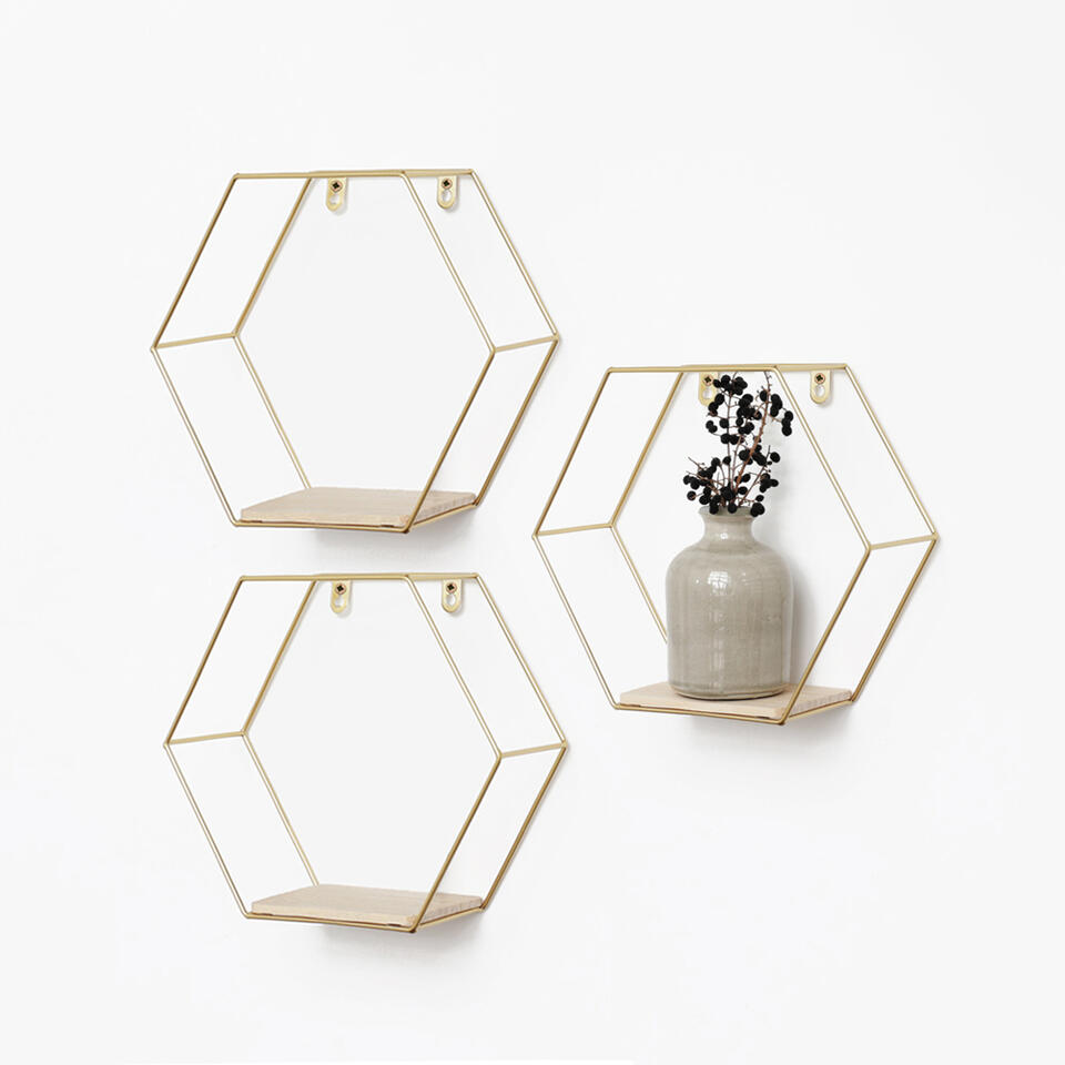Set van 3 zeshoekige metalen met houten Goud | Leen Bakker