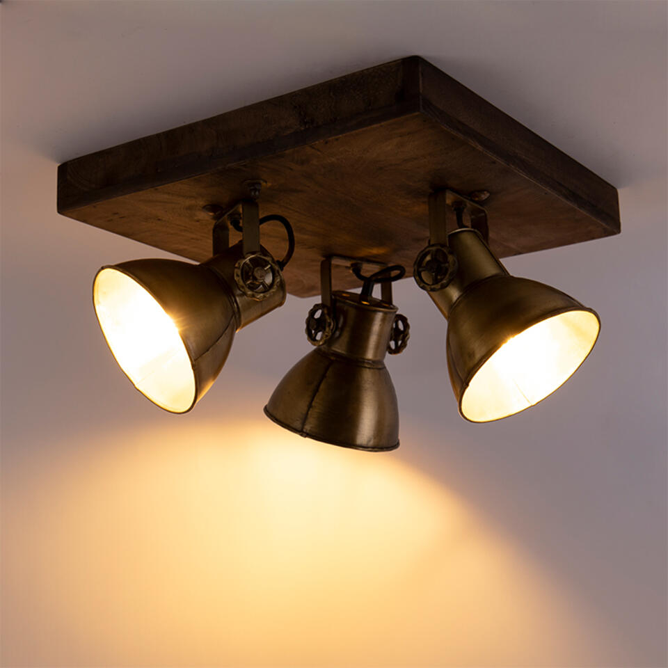 QAZQA Plafondlamp brons met hout 3-lichts - Mangoes