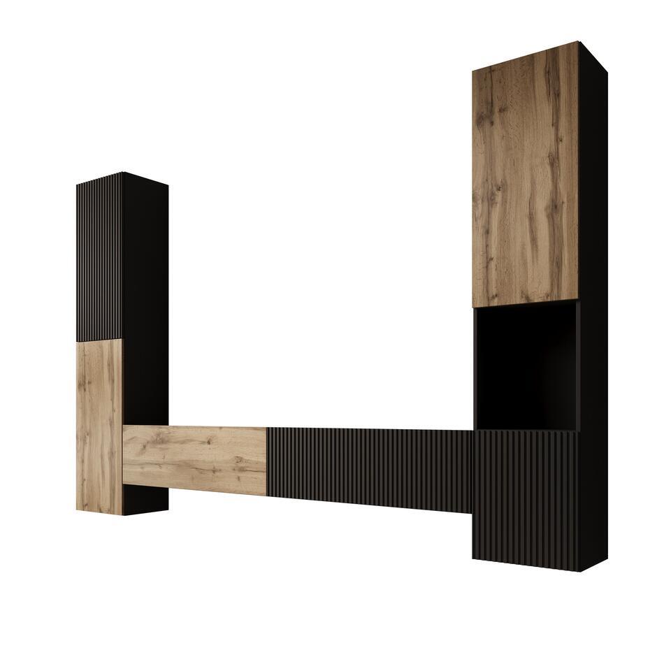 Meubella - Cruzar - Wandmeubel - Zwart/Eiken - 280x30x180 cm