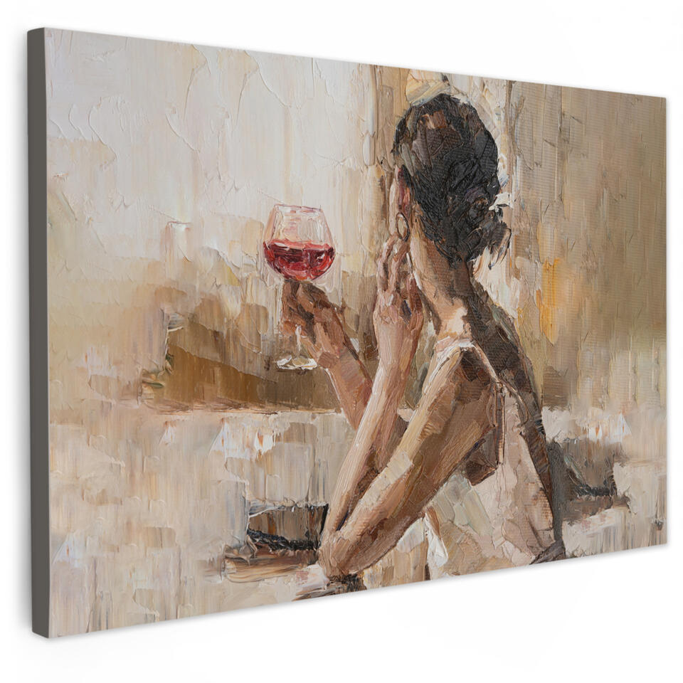 Canvas Schilderij 60x40 cm Olieverf - Vrouw - Wijn | Leen Bakker