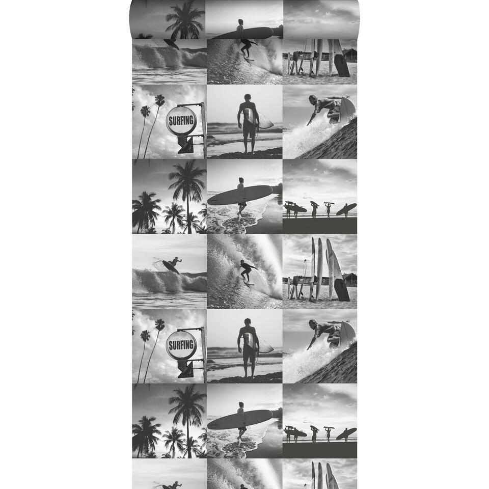 ESTAhome behang - foto's van surfers - donkergrijs - 0.53 x 10.05 m product