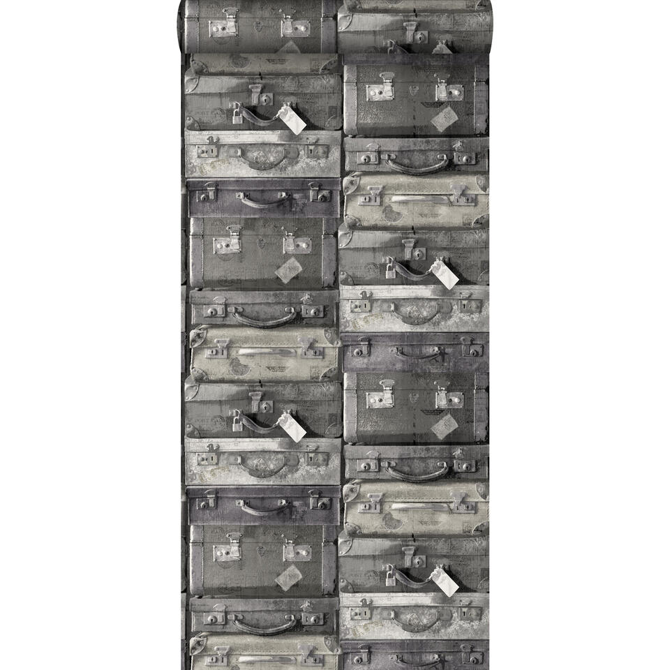 ESTAhome behang - vintage koffers - zwart en grijs - 53 cm x 10,05 m product