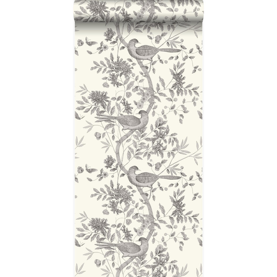 Origin behang - vogel gravure - ivoor wit en grijs - 53 cm x 10,05 m product