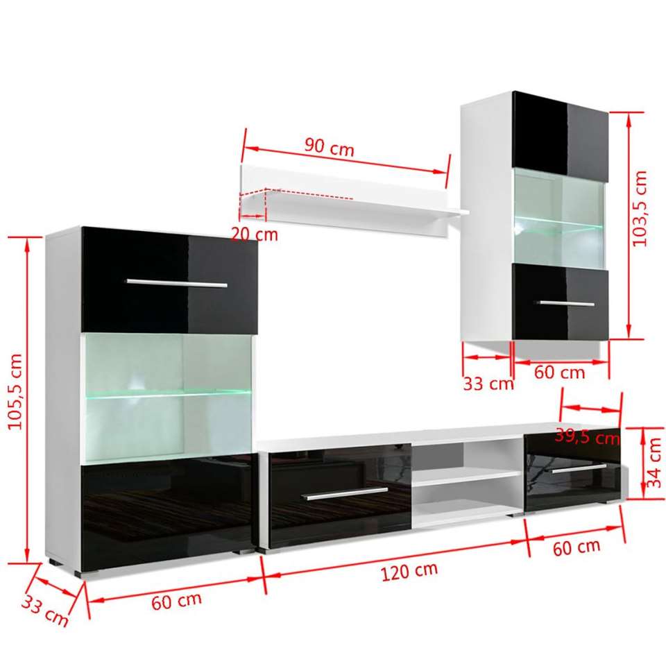 VIDAXL Muurvitrine tv-meubel met LED-verlichting zwart 5-delig